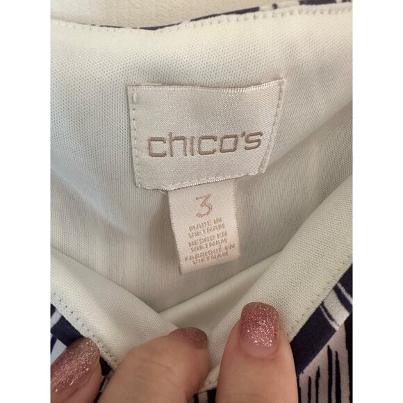 Chicos Size XL Navy & White Ikat Print Sleeveless Tunic Dress W/ Side Drape - Picture 4 of 7